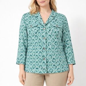 Sag Harbor Teal Floral Button Front Blouse Plus Size 20W Lightweight Top